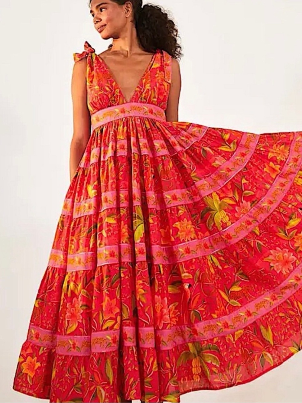 FARM RIO “Solar forest” tie-shoulder tiered maxi dress- Size M